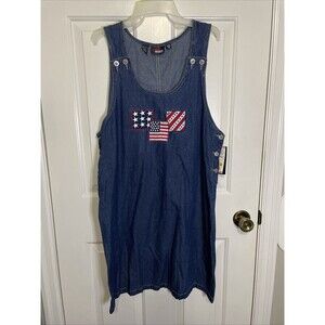 Vtg Blue Denim Jumper Modest Lindsey Michelle Dress American flag Women's SZ XL